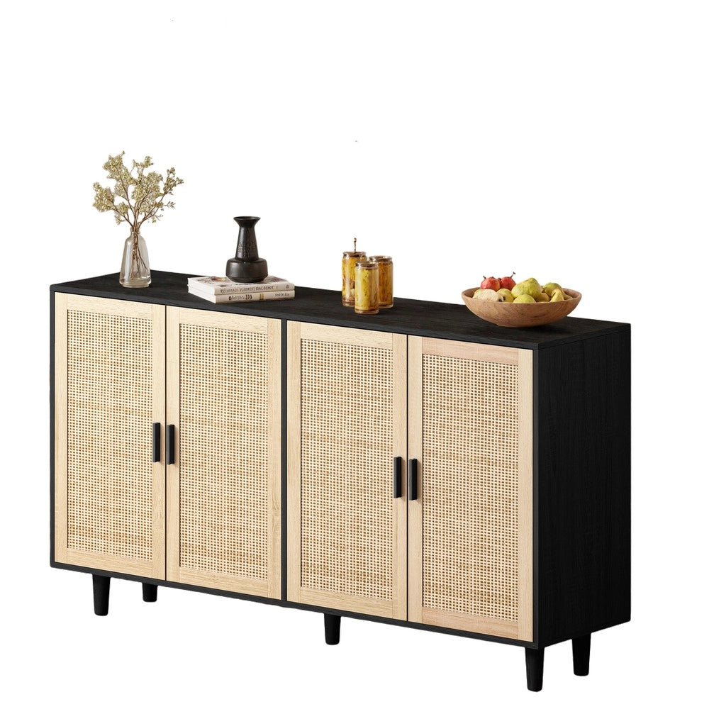 Armadio a 4 Ante in Rattan con Ripiani ¨C MINIMAL ¨C Nero, 158 cm