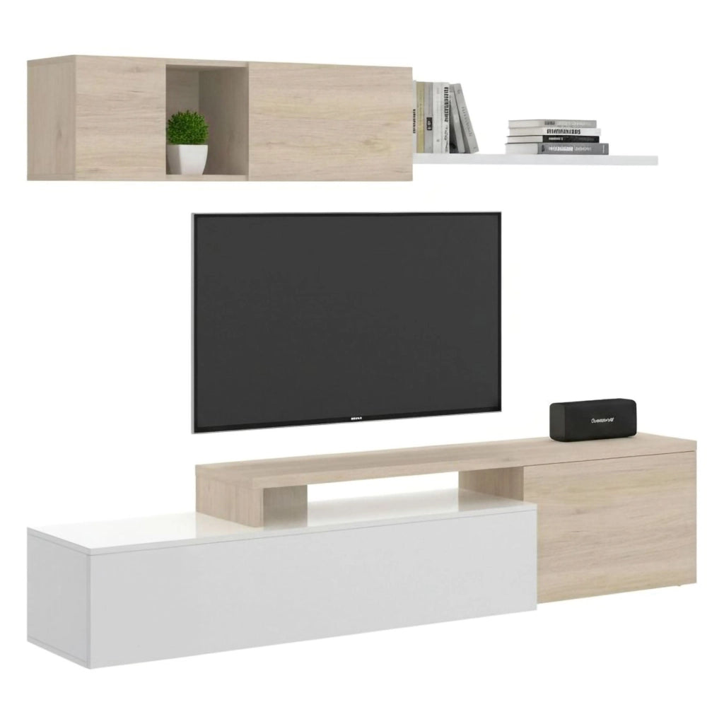 Parete attrezzata Axayazala, Set da soggiorno modulare ad angolo, Mobile salotto porta TV multiposizione, 201x41h180 cm, Bianco e Rovere