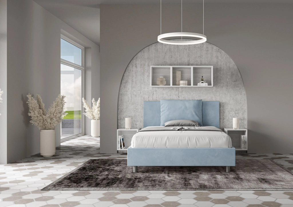 BS COM Letto queen size senza rete imbottito 150x190 microfibra azzurro