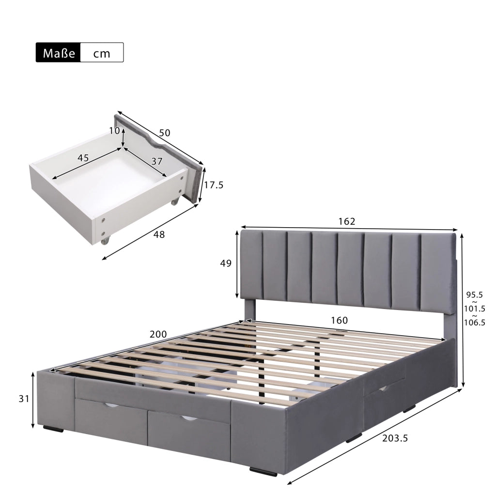 LETTO imbottito 160x200 cm in velluto grigio con rete a doghe