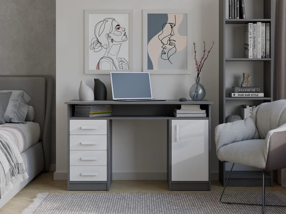 Scrivania ADA antracite bianco 125 cm 4 cassetti mobile con ripiani per ufficio camera e laptop
