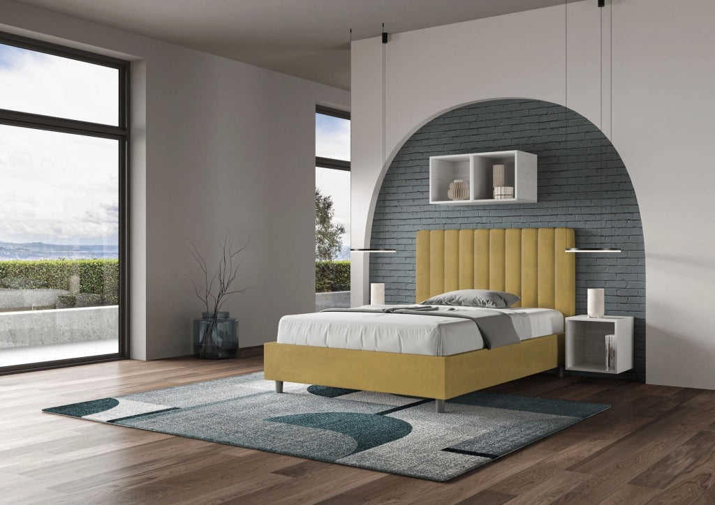 BS COM Letto una piazza e mezza contenitore imbottito 120x200 microfibra ocra