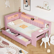 Lettino con scrivania 90x200; porte USB; striscia LED; 2 cassetti; rosa