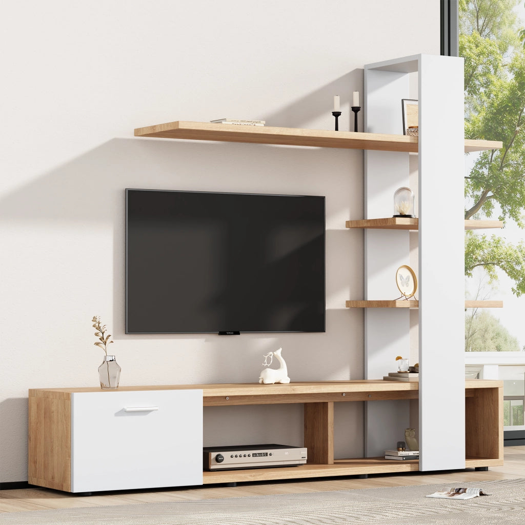 Cassettiera per TV bianca e legno; truciolato; lunghezza 180 cm