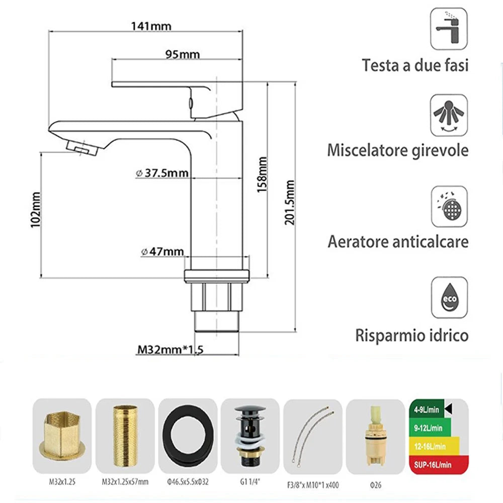 Miscelatore Rubinetto Lavabo Bagno Nero Opaco Miscelatore Monocomando 94007