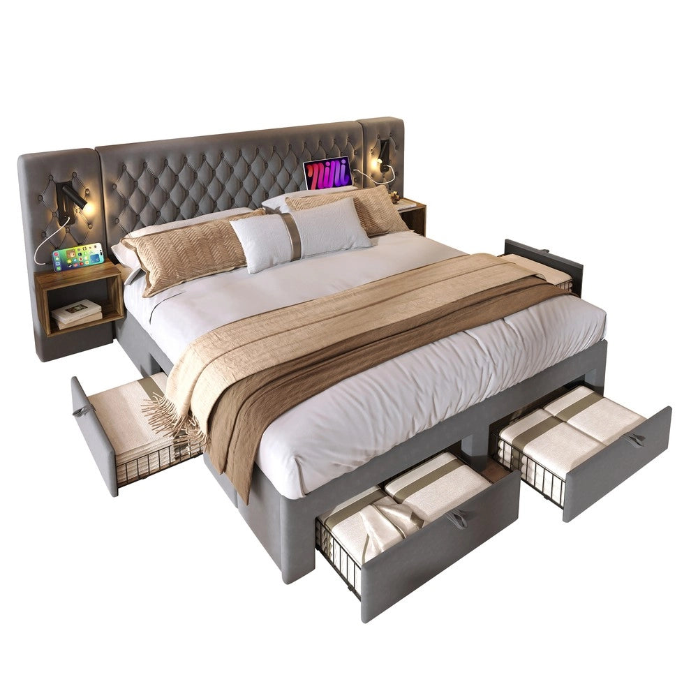 Letto Matrimoniale Imbottito con 2 Comodini e Cassetti, LED e USB ¨C MINIMAL ¨C Grigio Velluto 160x200