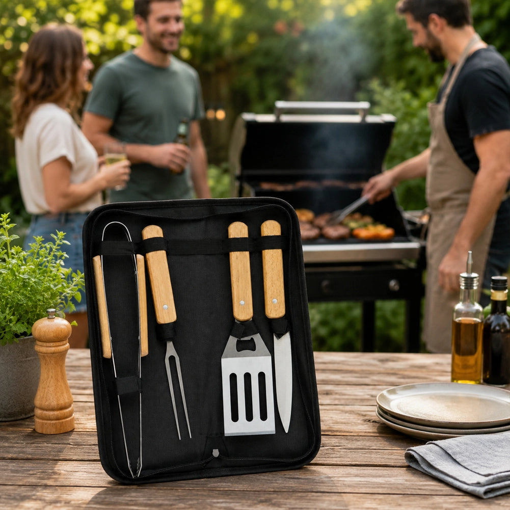 Set 4 Pezzi Accessori per Barbecue con Valigetta Pieghevole con Manico in Legno