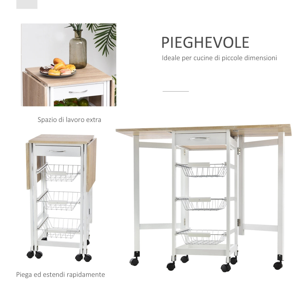 Carrello Portavivande Pieghevole per Cucina ¨C zephmum ¨C Bianco e Legno, 37x37x77.5 cm