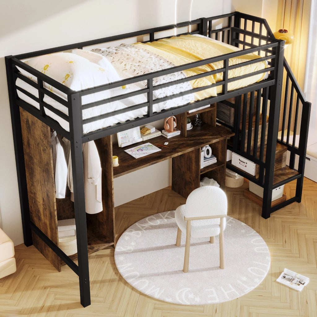 Letto a soppalco con scrivania e armadio - Zephmum- 90x200 cm- Nero