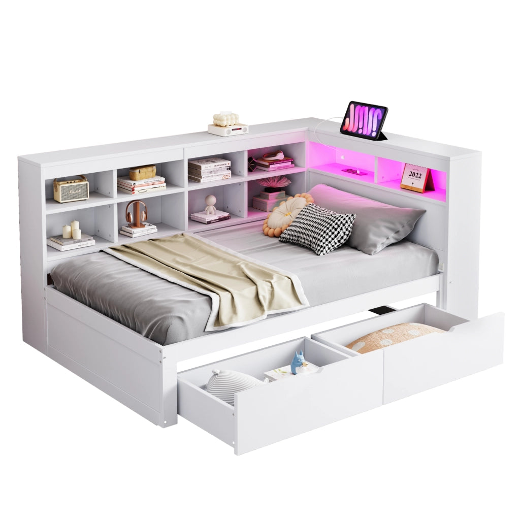 Letto Singolo in Legno Massello con LED, USB e Contenitore ¨C MINIMAL ¨C Bianco 90x200