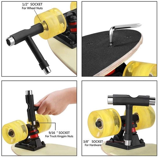 Kit di manutenzione skateboard Leggero - Strumento multifunzionale - Portatile - Chiave a T - Chiave a L per viti - 22 componenti - Kit di manutenzione skateboard