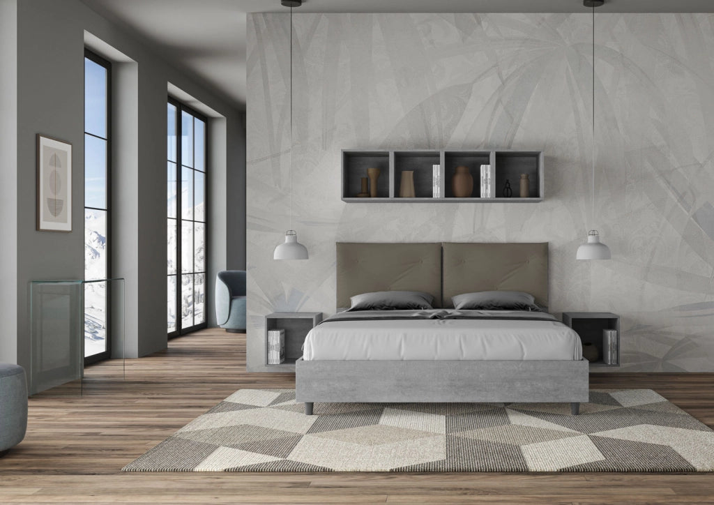 BS COM Letto matrimoniale con rete 160x190 Cemento cuscini similpelle cappuccino