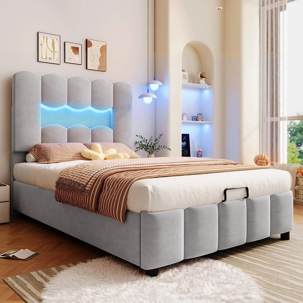 Letto 90x200cm?- Xylo - idraulico LED velluto grigio