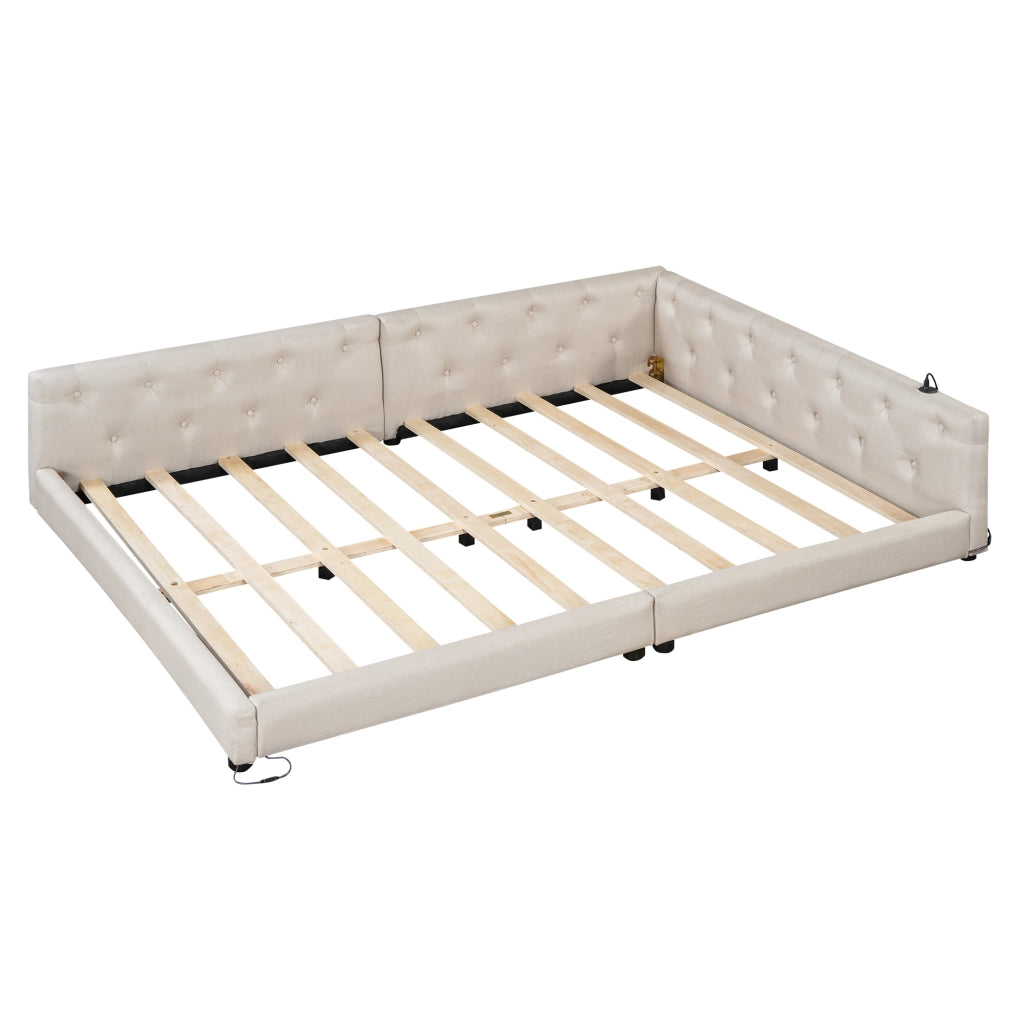 Divano letto 140x200 cm in lino beige con rete a doghe, LED RGB, USB e Type-C