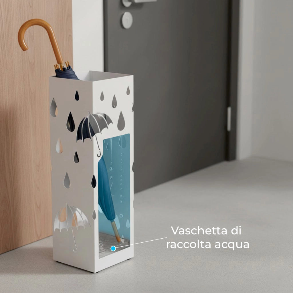 Portaombrelli In Acciaio Zincato Design Moderno Con Vaschetta Scolapioggia Base Antiscivolo E 2 Ganci Removibili Per Casa E Ufficio 49 X 15.5 X 15.5 Cm Bianco