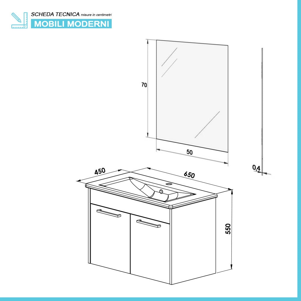 Mobile bagno sospeso 65 cm blu con specchio Sofia