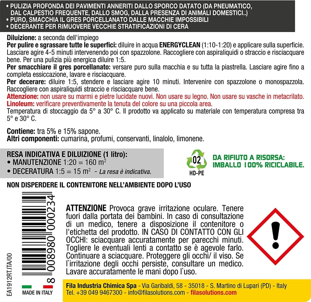 Detergente sgrassante energyclean FILA concentrato 1lt
