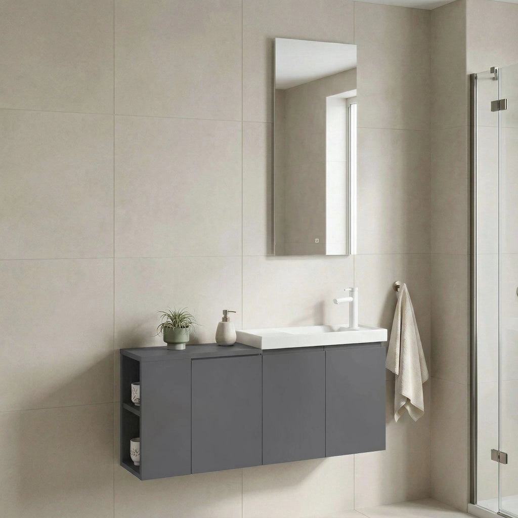 Set mobile lavabo con specchio (2 pezzi) "Ferla 110" - 110 x 22 x 45 cm - Grigio opaco