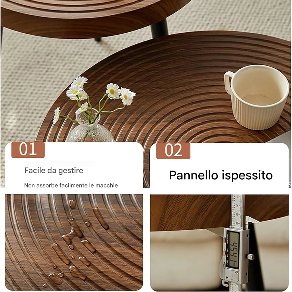 Set 2 Tavolini da Caffè Rotondi Ø60 cm e Ø50 cm Design Industrial in MDF e Metallo Noce