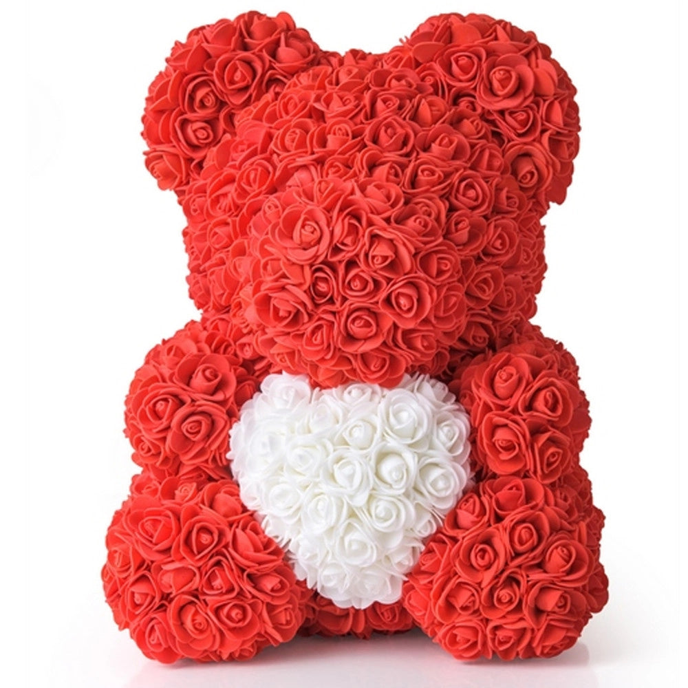 Trade Shop - Orsacchiotto Orsetto Orso Di Rose Con Fiori Da 25 Cm Rosso Con Cuore Bianco -