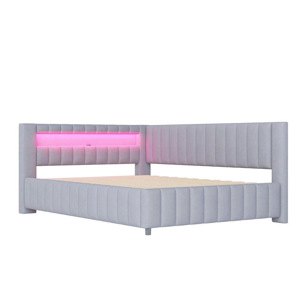 Letto Imbottito con LED e USB ¨C MINIMAL ¨C Velluto Grigio 140x200