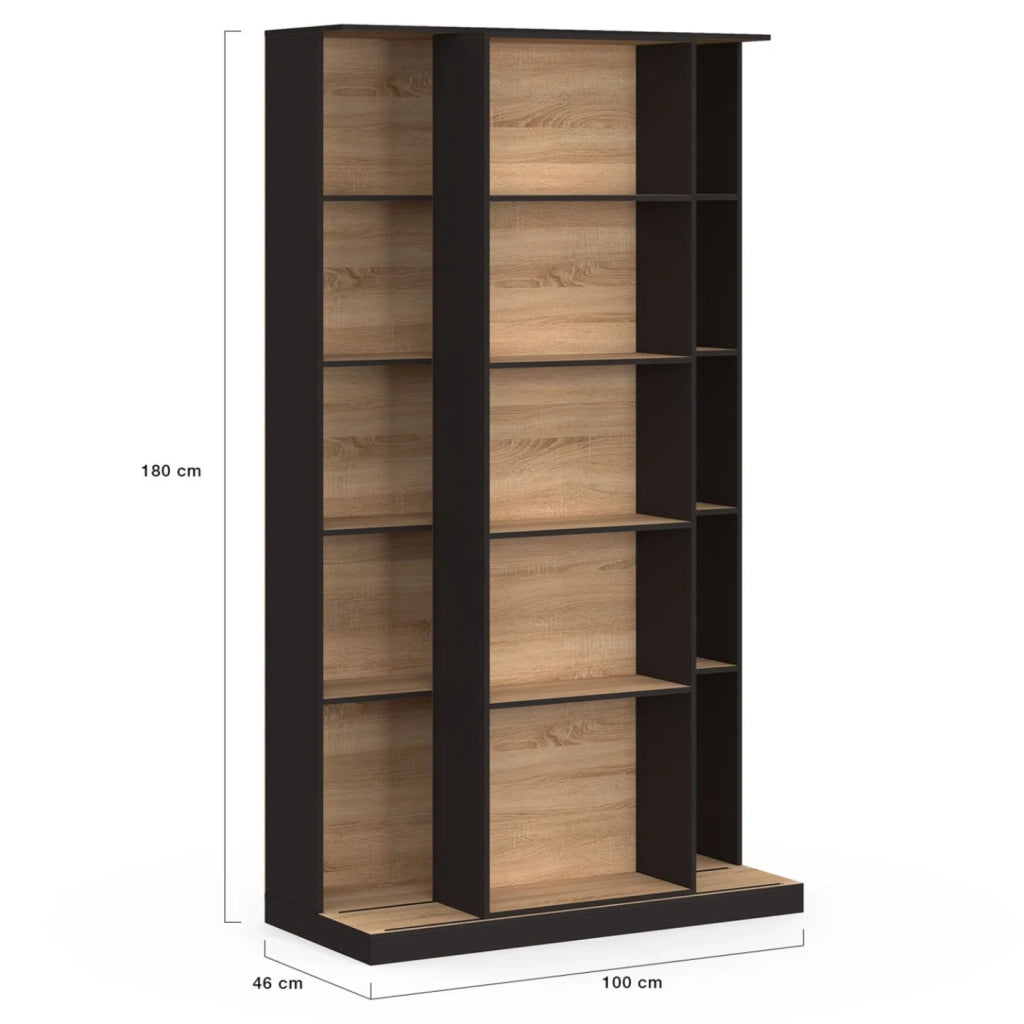IDMarket - ALPHONSE Libreria scorrevole in legno e nero a 5 livelli e 15 nicchie