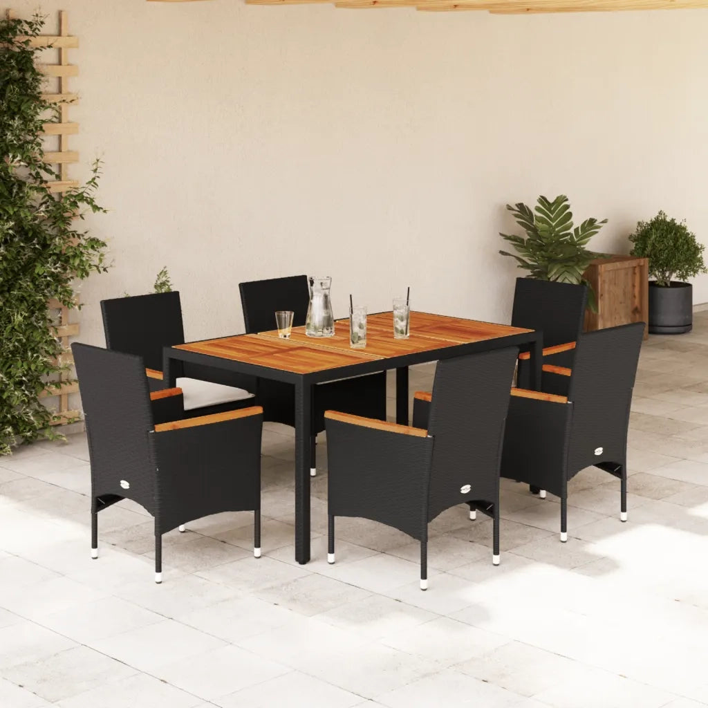 Set Pranzo da Giardino 7 pz Nero con Cuscini Polyrattan Acacia