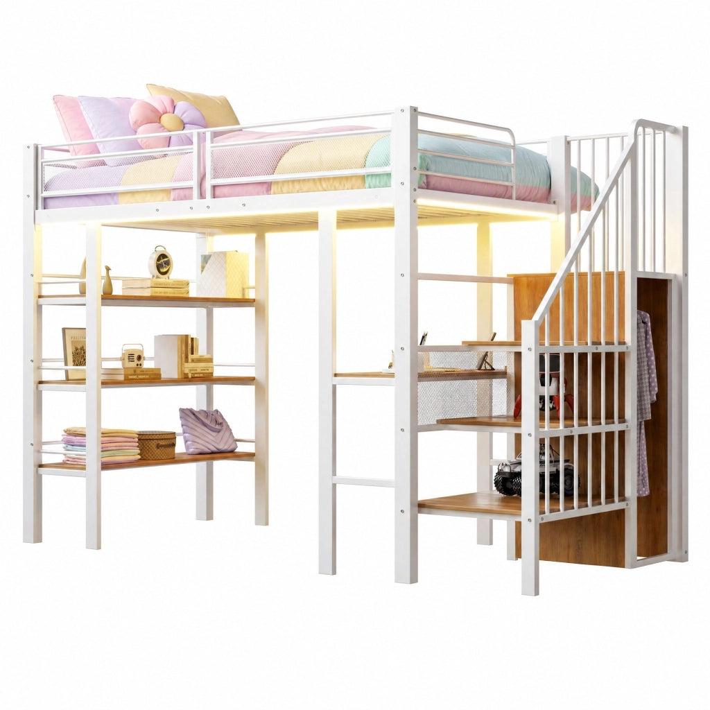 Letto a soppalco 90x200 multifunzionale con scrivania, ripiani e luce LED