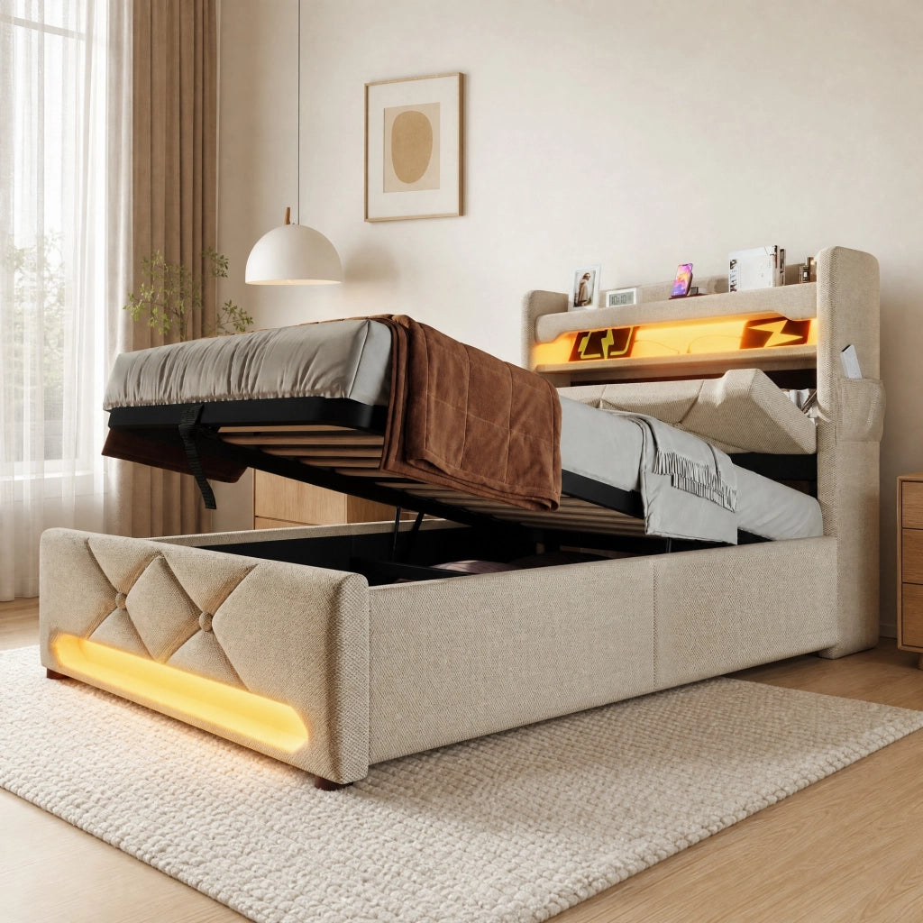 LETTO singolo 90x200 cm con LED 360°, testiera con USB e Type-C, lino beige