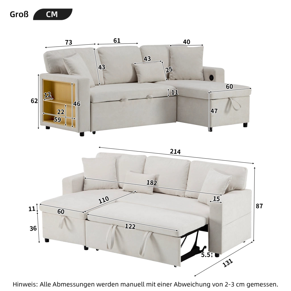 Divano Letto Angolare con Contenitore e Libreria ¨C MINIMAL ¨C Beige