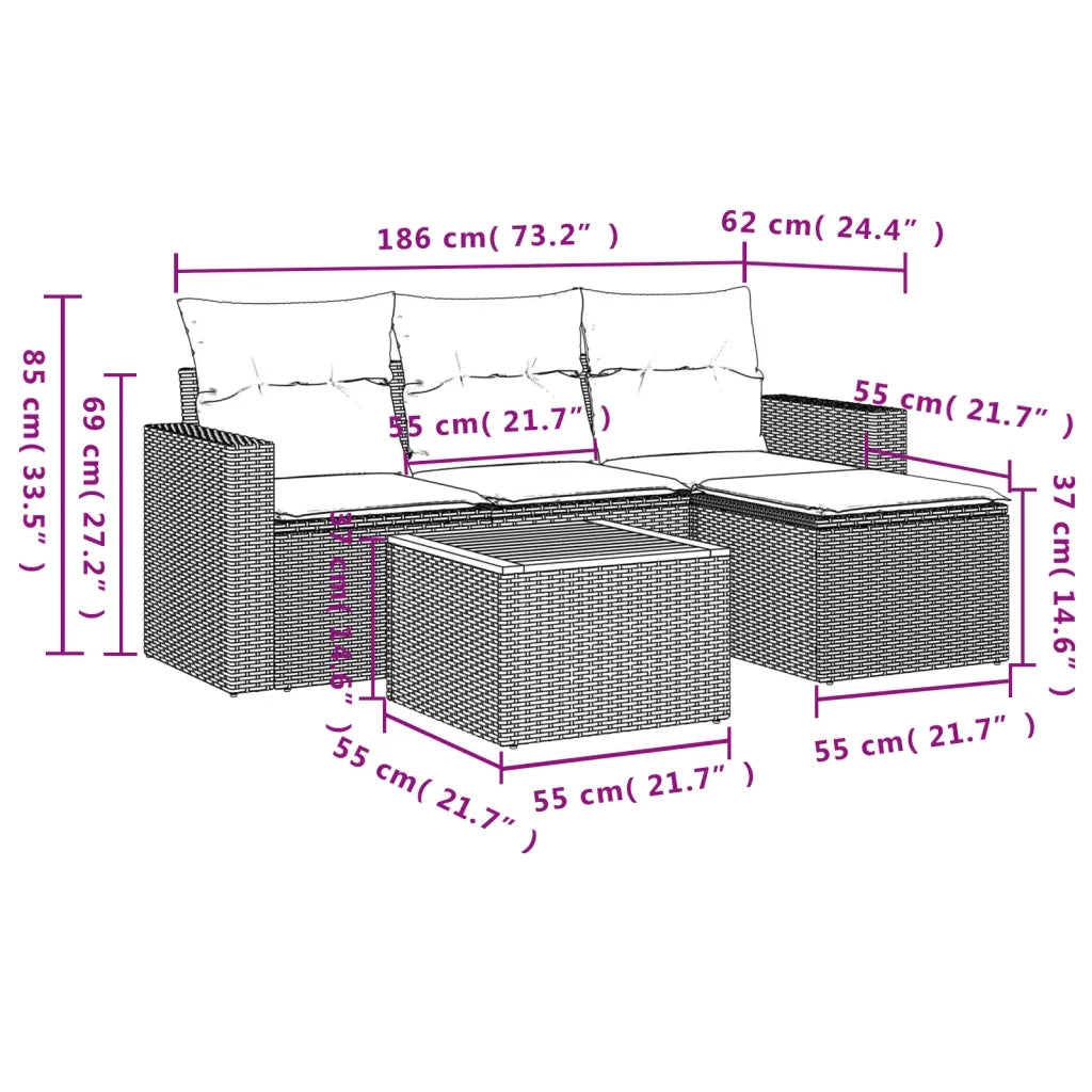 Set Divano da Giardino 5 pz con Cuscini Beige in Polyrattan 3224091