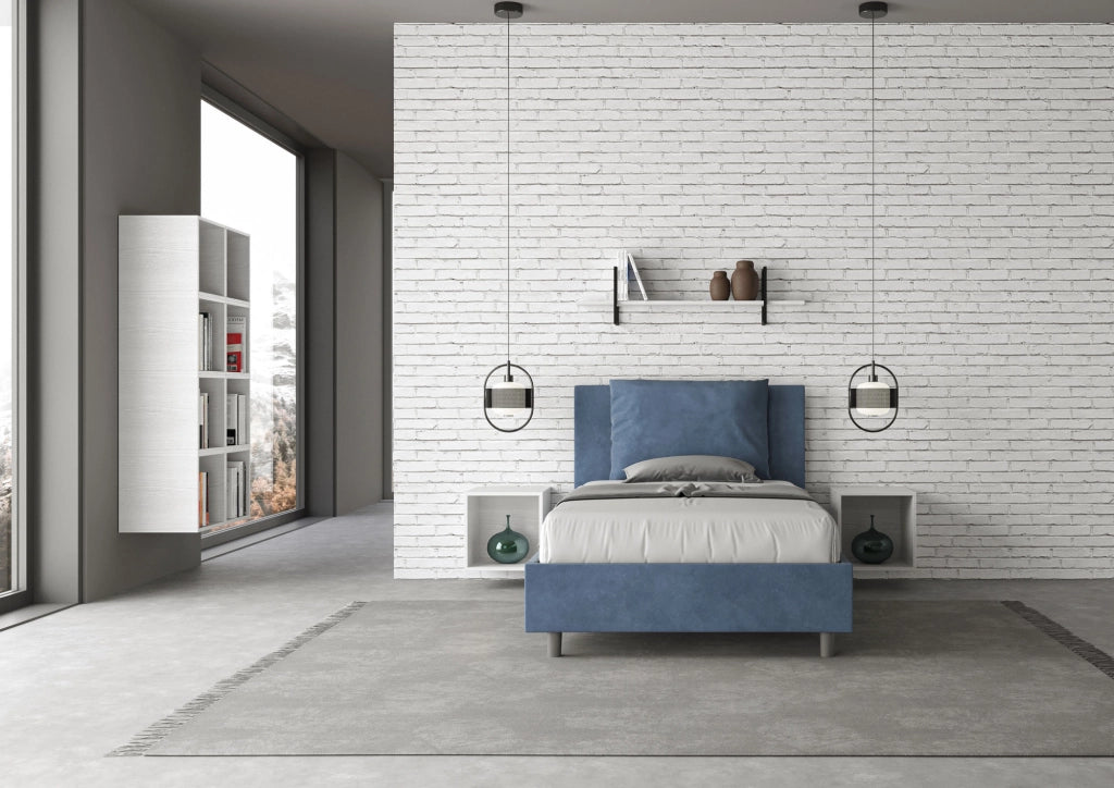 BS COM Letto una piazza e mezza senza rete imbottito 120x190 microfibra blu