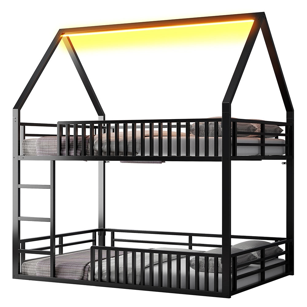 Letto a castello a casetta 140x200cm - Xylo - nero, LED, parapetti