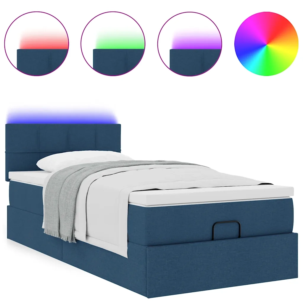 Pouf Letto con Materasso e LED Blu 100x200 cm in Tessuto