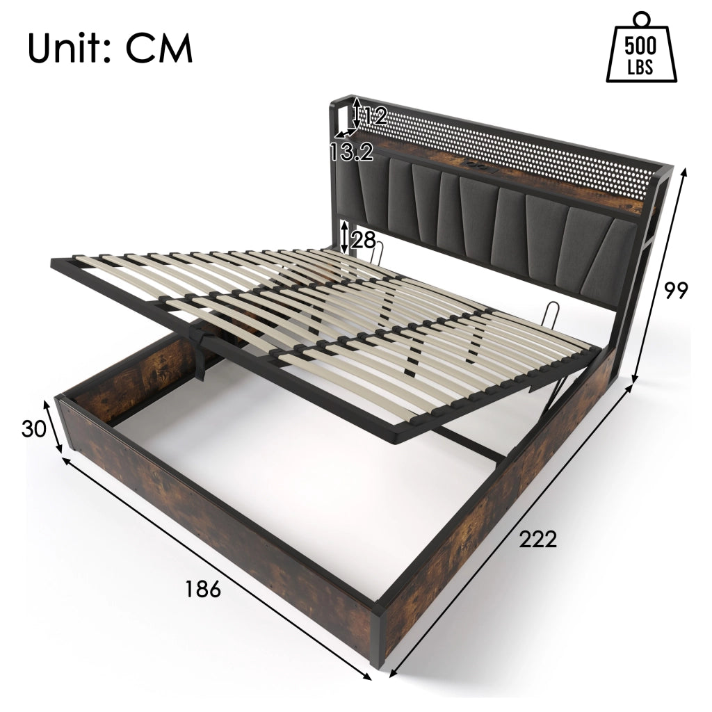 LETTO matrimoniale 180x200 cm in lino grigio con LED App-Control, USB e prese