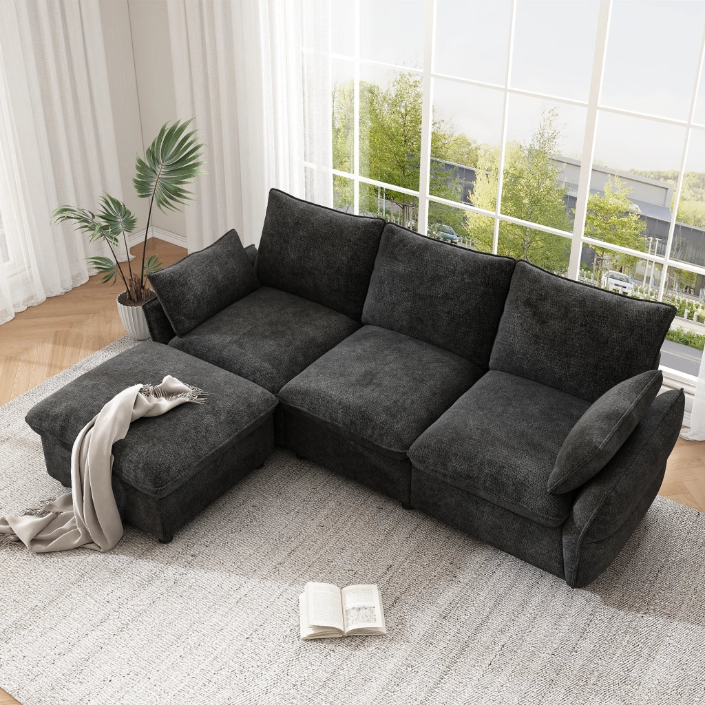 DIVANO ANGOLARE L 222,5x154,5x76,5 cm Chenille Grigio Scuro con pouf e 2 cuscini