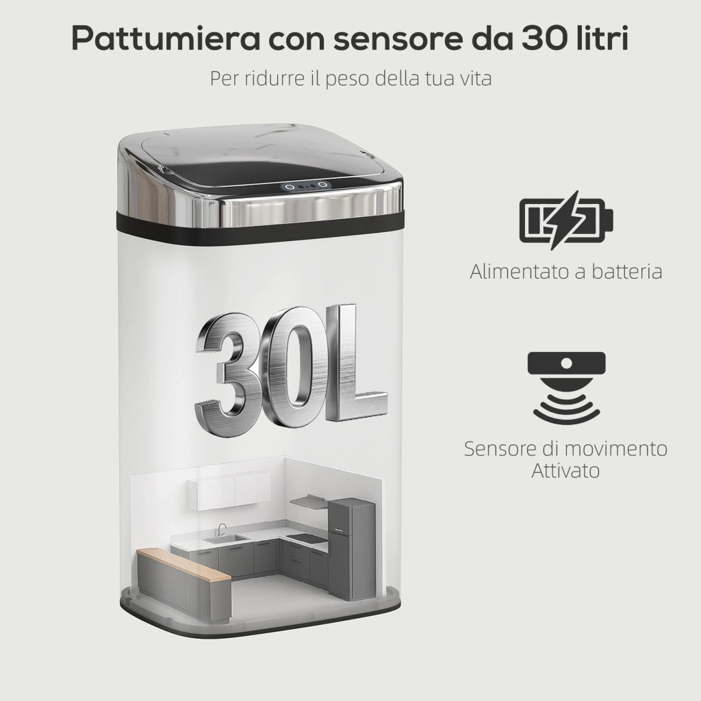 Pattumiera Automatica 30L ¨C Xylo ¨C Sensore Apertura, Argento, 33x25x57.5cm