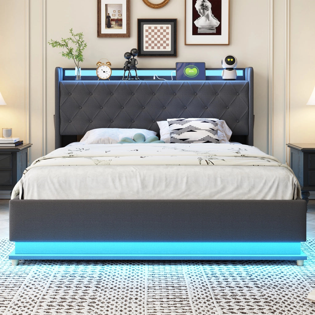 Letto imbottito LED 140x200 cm con USB e contenitore idraulico in tessuto grigio