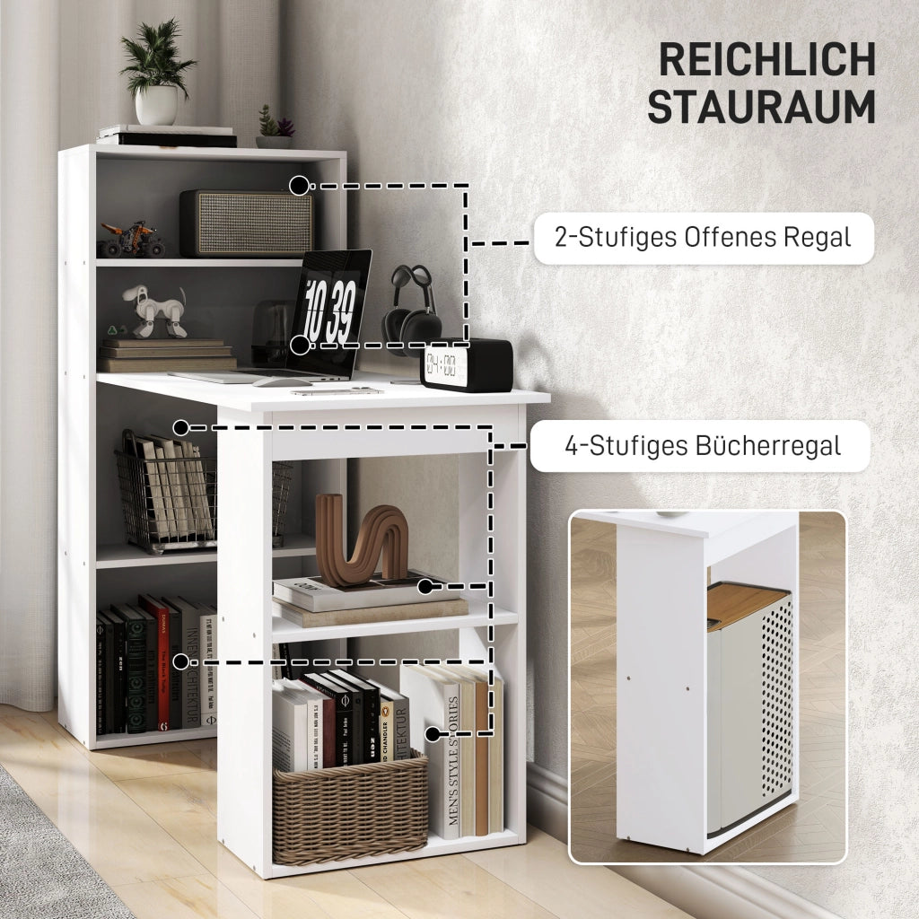 Scrivania lineare con 4 ripiani e 2 vani aperti per ufficio e home office, bianco, 120 × 55 × 120 cm