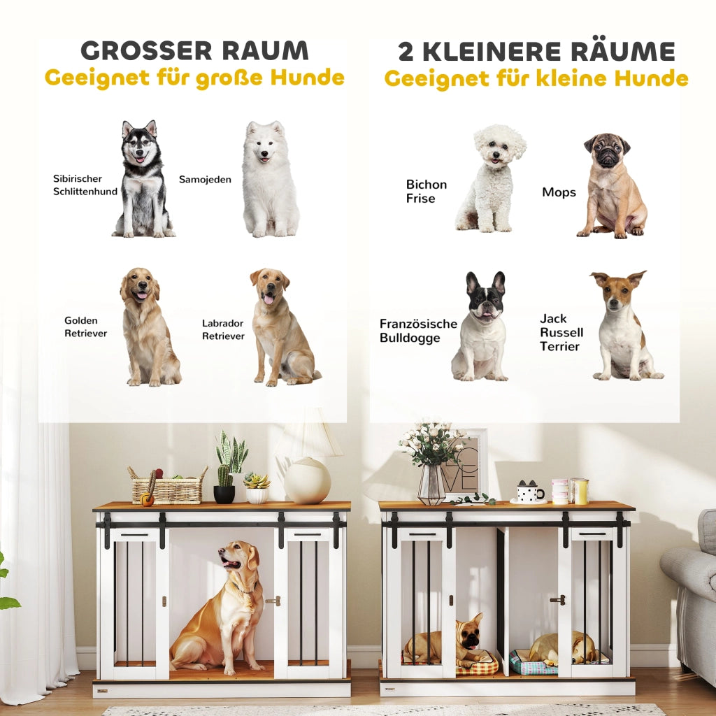 Gabbia per Cani con 2 Porte ¨C Xylo ¨C Design Rustico Bianco con Serratura