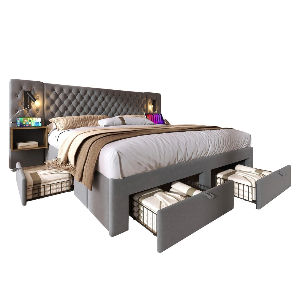 Letto Matrimoniale Imbottito con 2 Comodini e Cassetti, LED e USB ¨C MINIMAL ¨C Grigio Velluto 160x200