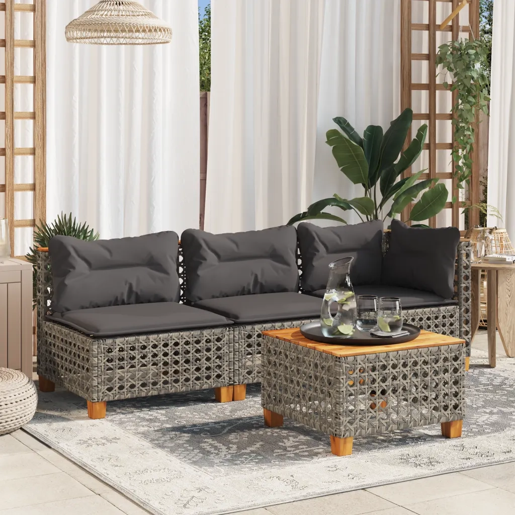 Divano Giardino Senza Braccioli con Cuscini-Sofa da Giardino-Divanetto da esterno Grigio Polyrattan