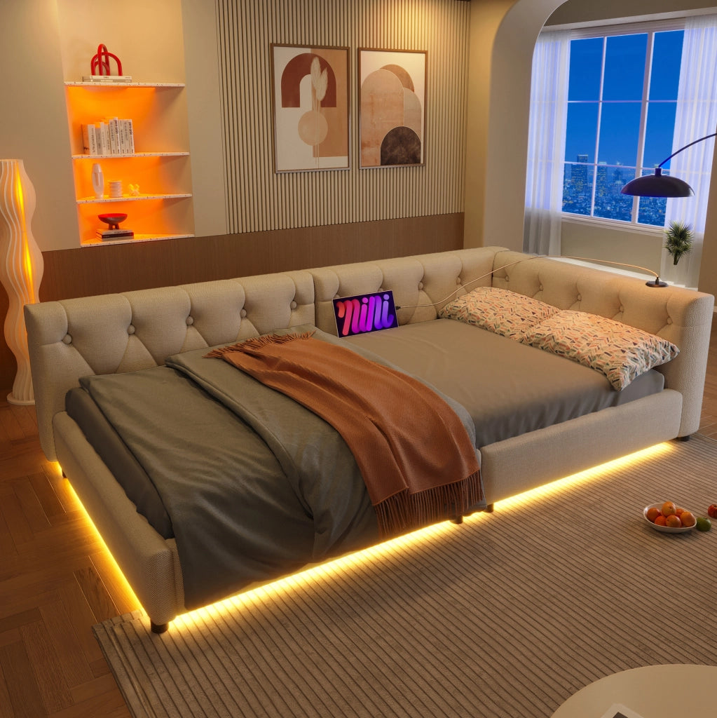 Letto daybed 90x200 cm in lino beige con LED, USB e Type-C