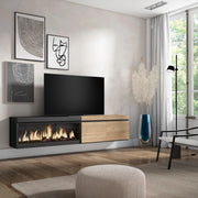 Mobile TV Soggiorno, 208x35x45cm, Per TV fino a 80", Camino elettrico XXL, da appendere, colore Rovere e nero RF3270