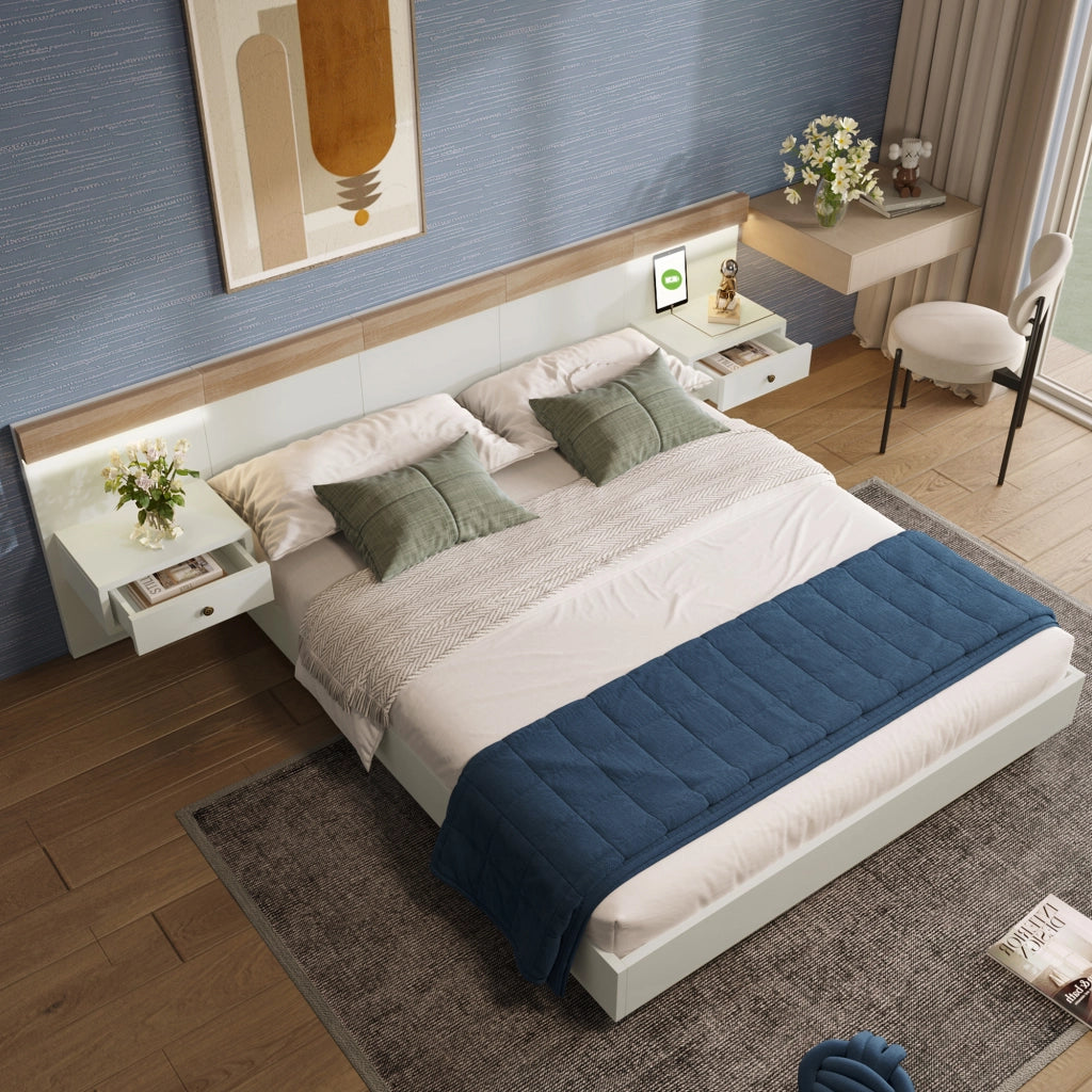 LETTO 140x200 cm con 2 comodini LED, USB/Tipo C, Bianco e Rovere Sonoma
