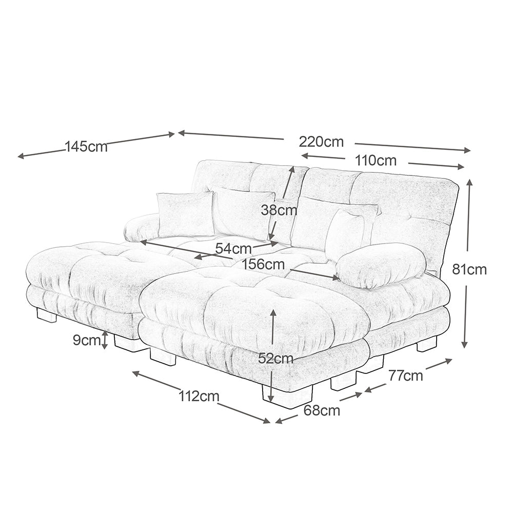 Divano angolare Cloud - Xylo - 2 posti in chenille con 2 cuscini lombari e 2 pouf, grigio