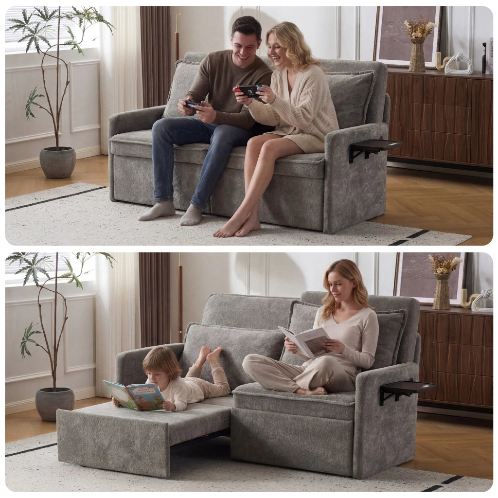 Divano letto con cuscini e USB ¨C Minimal ¨C 3 in 1, schienale regolabile, contenitore, chenille, grigio