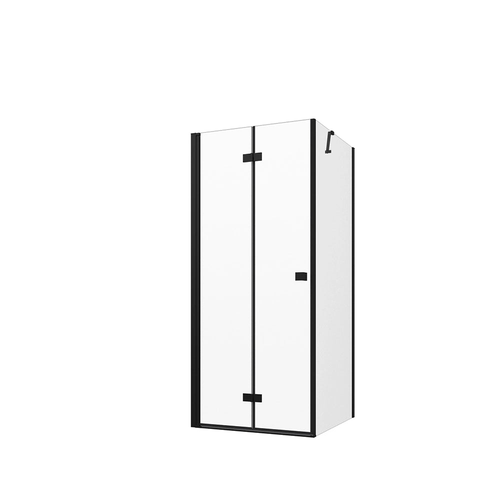 Box doccia 80x70 cm con apertura a libro lato sinistro e parete fissa, profili nero opaco e vetro 8mm trasparente h195 | Fiji