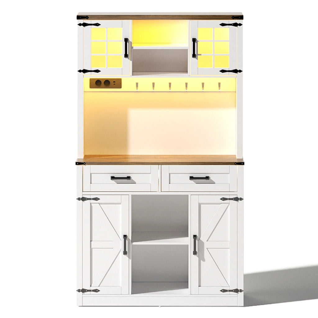 Credenza da Cucina con 2 Cassetti; 4 Vani; Ripiani Regolabili; LED e Prese; in MDF; Marrone e Bianco