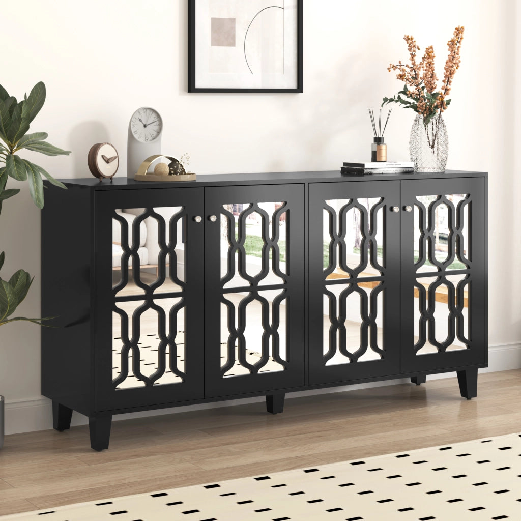 Credenza a 4 Ante con Specchio ¨C MINIMAL ¨C Nero, 160x40x84 cm
